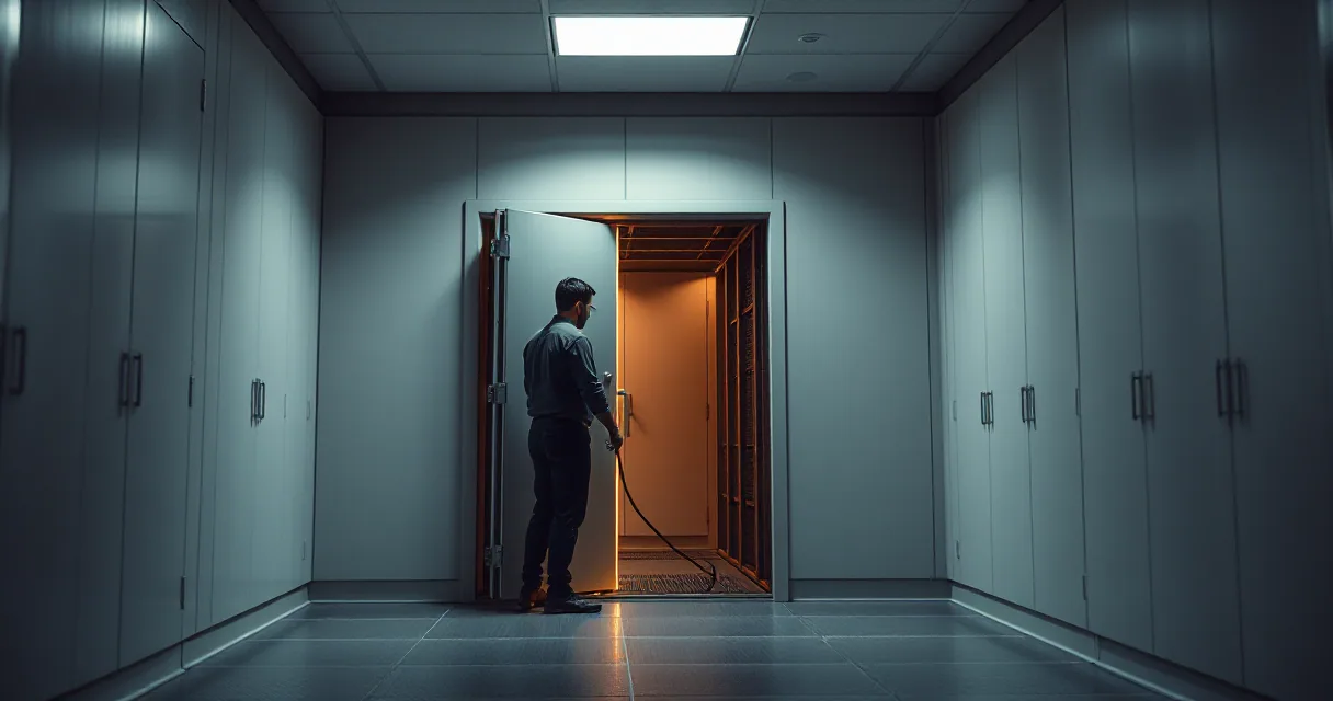 A person in dark clothing stands before an open vault door in a high-tech server room. A warm orange light glows from inside the breached area, contrasting with the cool blue tones of the surrounding corridor and rows of storage cabinets.