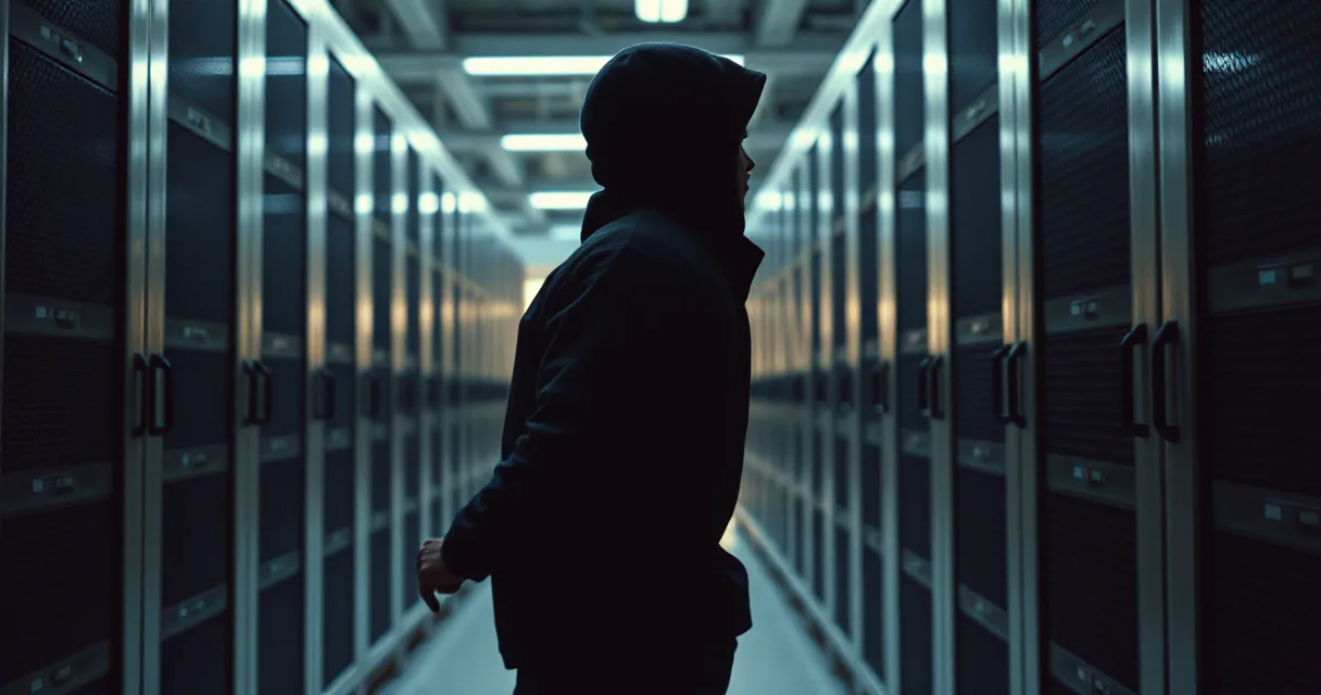 A silhouette of a person in a dark hoodie stands between rows of server racks in a dimly lit data center, symbolizing a security breach.