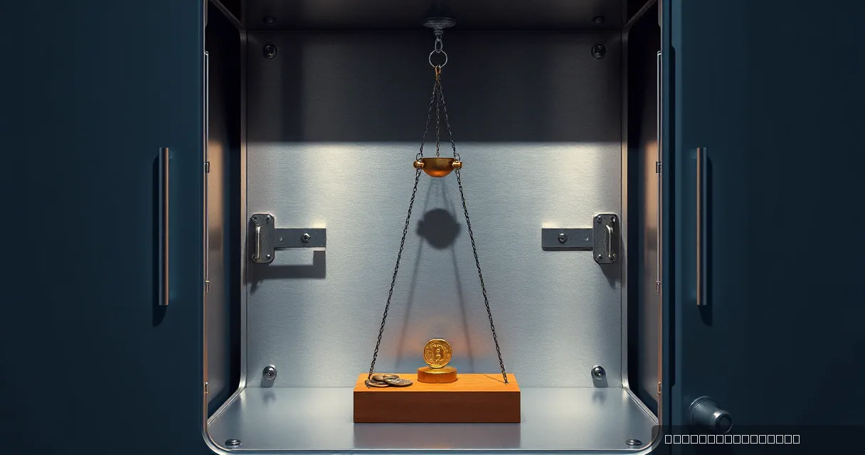 A cinematic close-up inside an open heavy metal vault where a balanced brass scale sits on a wooden block, holding a single gold coin. The scene is lit with dramatic directional light against a metallic interior.