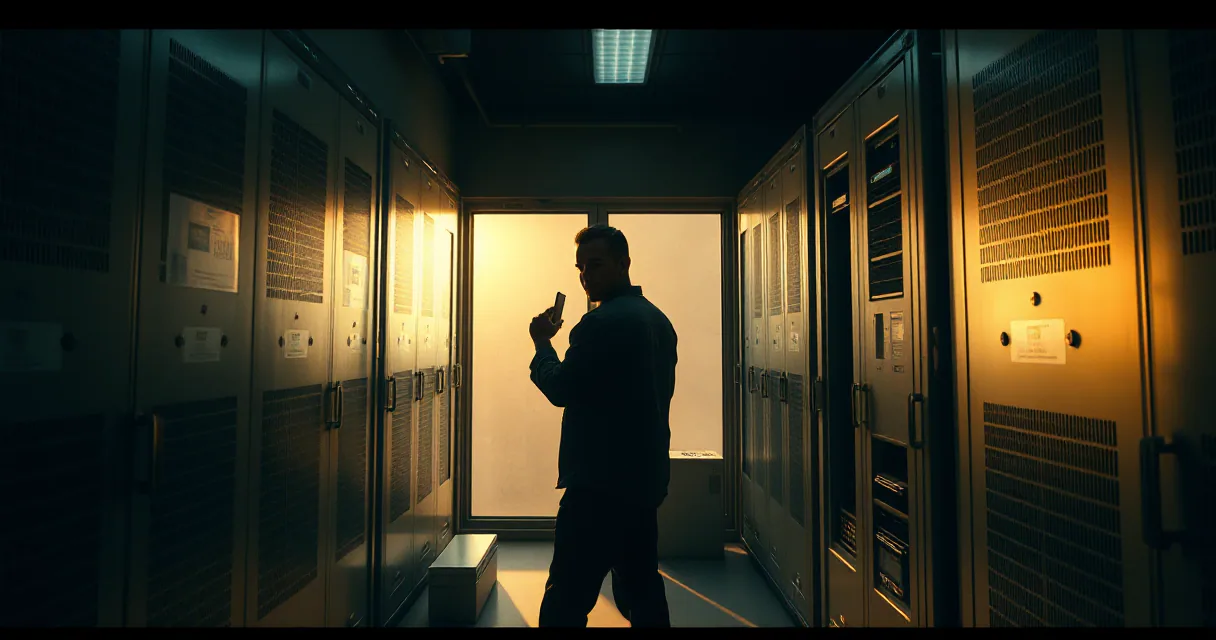 A silhouetted figure stands in a dimly lit server room corridor, illuminated by amber light from one side and cool blue tones from another. The person is positioned between rows of tall, industrial-looking server cabinets with textured panels.