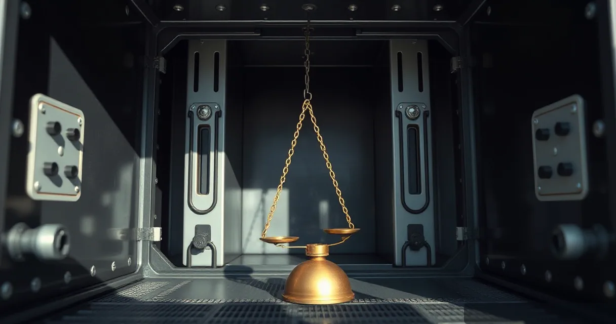 A brass balance scale sits centered in a dark, metallic industrial corridor with heavy machinery components on either side. The scene is lit by dramatic directional light, highlighting the texture of the metal and the symmetry of the structure.
