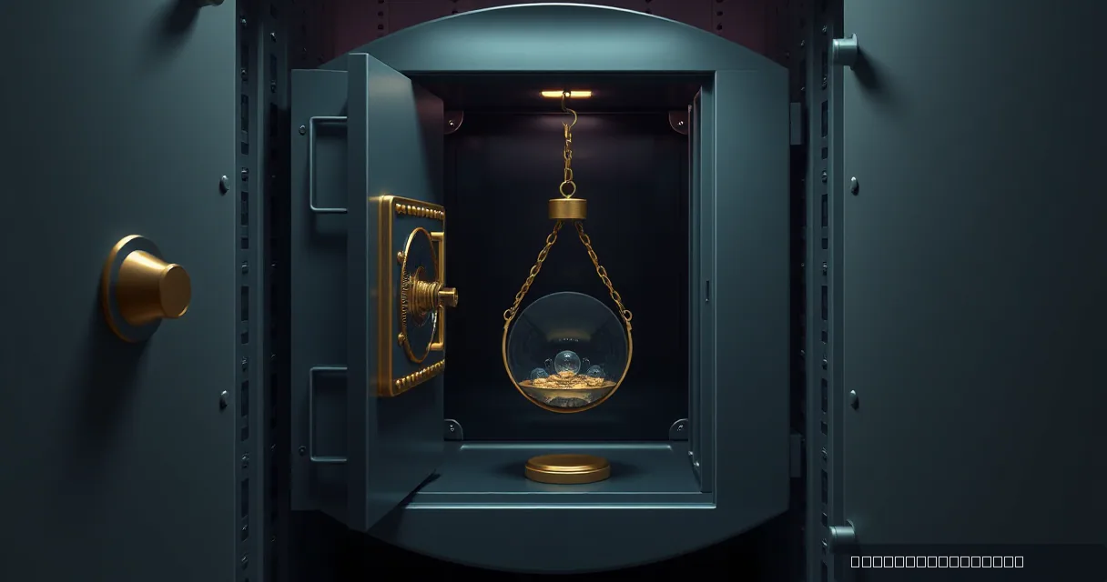 An open vault door reveals a glowing golden orb suspended in a glass sphere within a dark, metallic chamber, symbolizing a breach of secure digital assets.