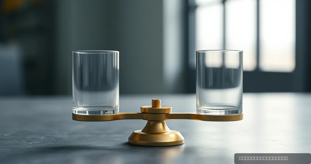 A balanced brass scale with two clear glass cylinders on its arms sits on a textured surface in a softly lit industrial space.