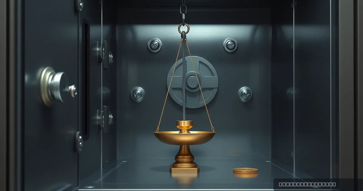 A cinematic close-up inside a heavy steel vault where a golden balance scale sits on a pedestal. One side of the scale is slightly tipped by a small gold cylinder, symbolizing a breach in a balanced system.