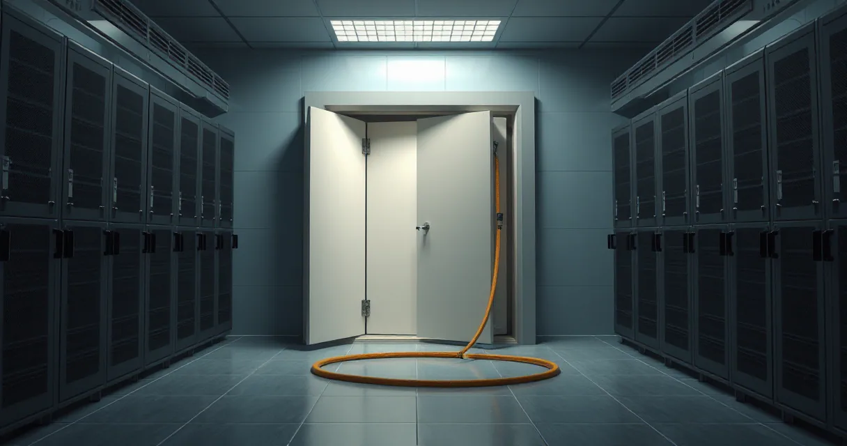An open vault door stands in a high-tech server room with rows of grey cabinets. A single orange cable snakes out from the interior of the vault across the floor, symbolizing a breach or leak of assets.