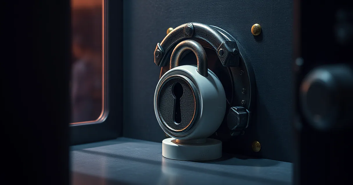 A close-up cinematic shot of a heavy vault door featuring a large, circular ceramic lock in mineral white. The scene is lit with cool blue tones and a warm highlight on the brass rivets, symbolizing security and containment.