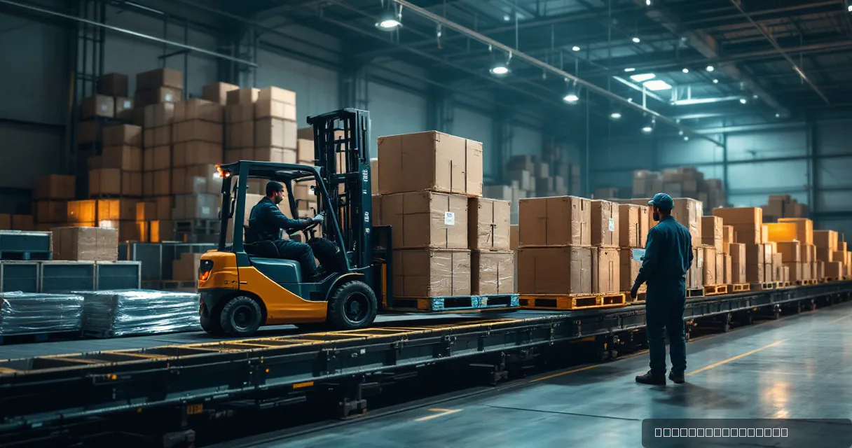 A cinematic editorial shot of a warehouse where a forklift operator moves large, unmarked crates onto a conveyor belt while a technician in uniform monitors the load. The scene uses a palette of deep navy and warm tones to convey a sense of secure, industrial-scale logistics.