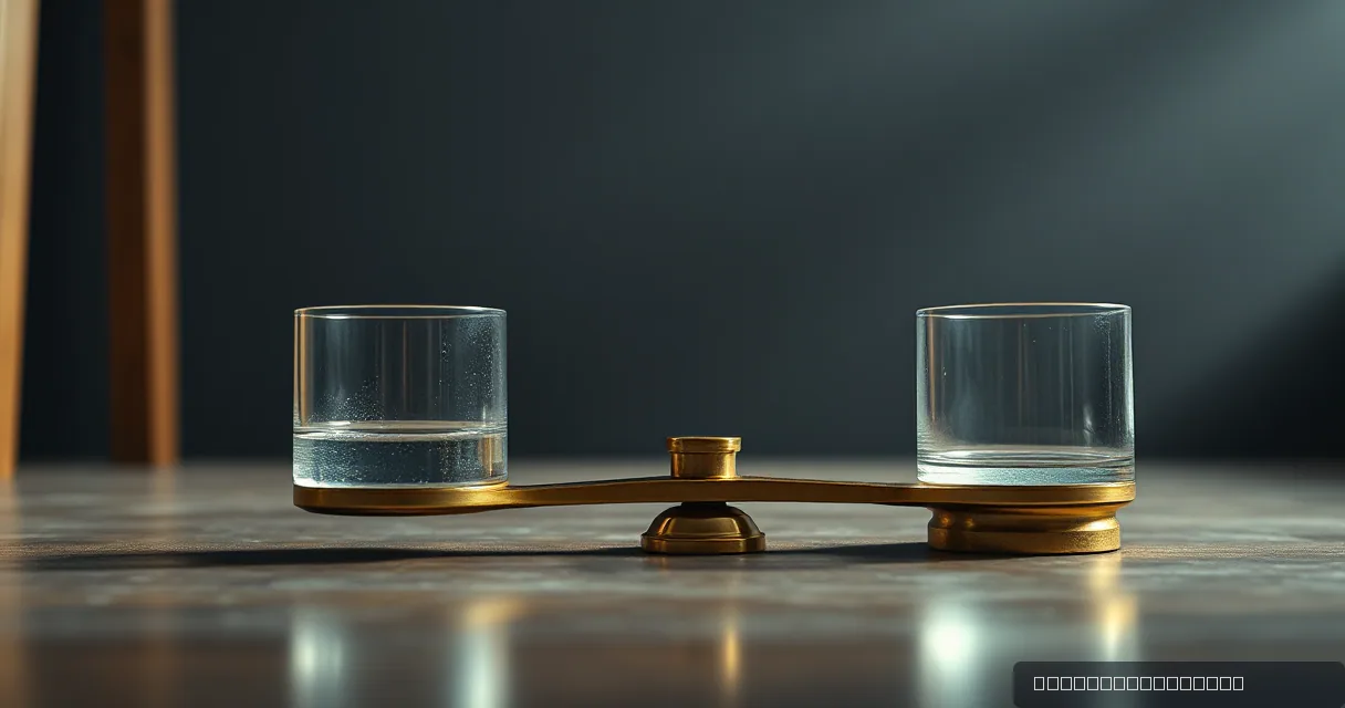 A cinematic close-up of a balanced brass scale with two glass cylinders on either side, set against a dark blue background with soft light beams. The scene symbolizes the balance and regulation in the cryptocurrency market.