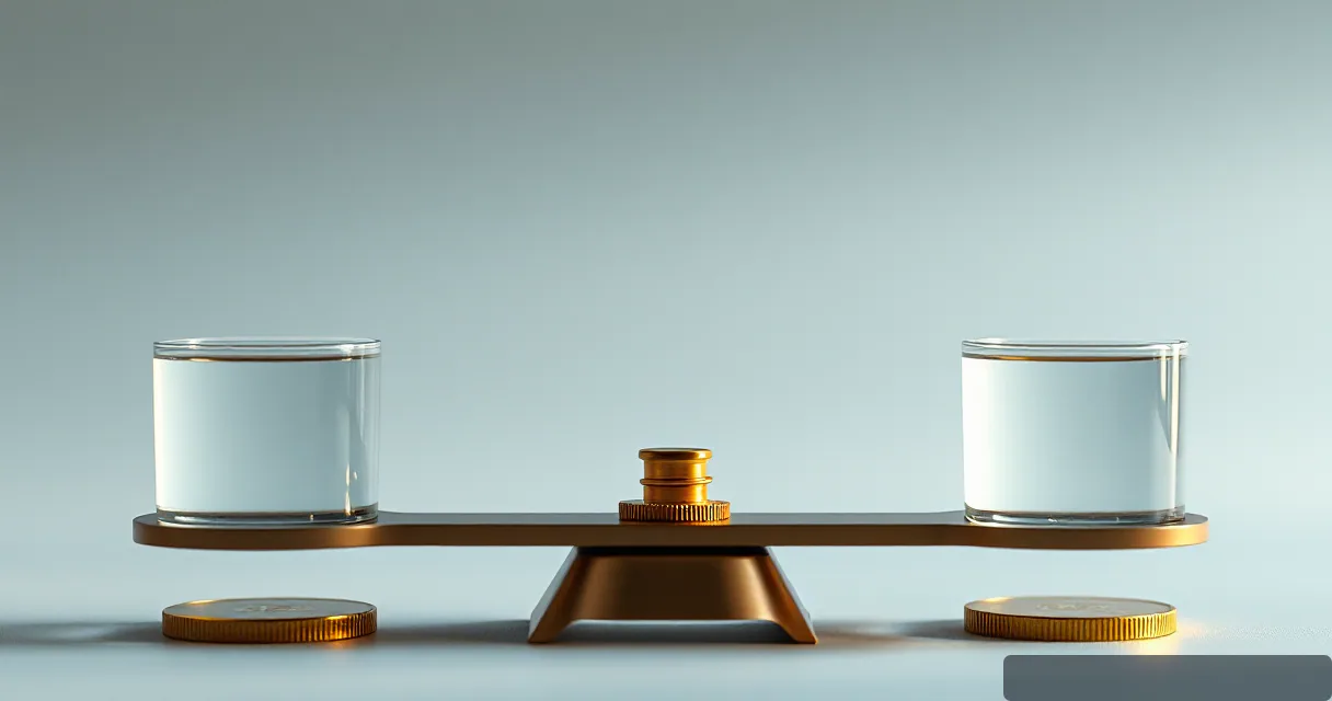 A minimalist editorial scene featuring a brass balance scale perfectly leveled between two large cylindrical glass vessels. A small, tiered gold-toned weight sits at the center of the beam. The composition is clean and symmetrical against a soft grey background, symbolizing stability and equilibrium
