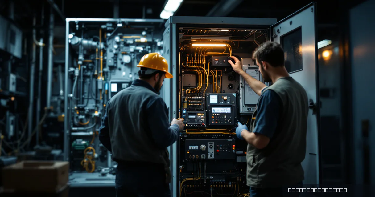 Two technicians in protective gear work on an open weatherproof cabinet, symbolizing increased infrastructure capacity. The industrial setting conveys a sense of technological advancement.