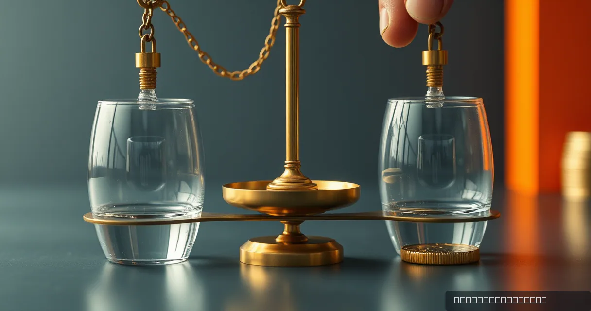 A close-up shot of a balanced brass scale holding two clear glass vessels filled with water, set against a moody, dark background with a soft orange glow on one side.