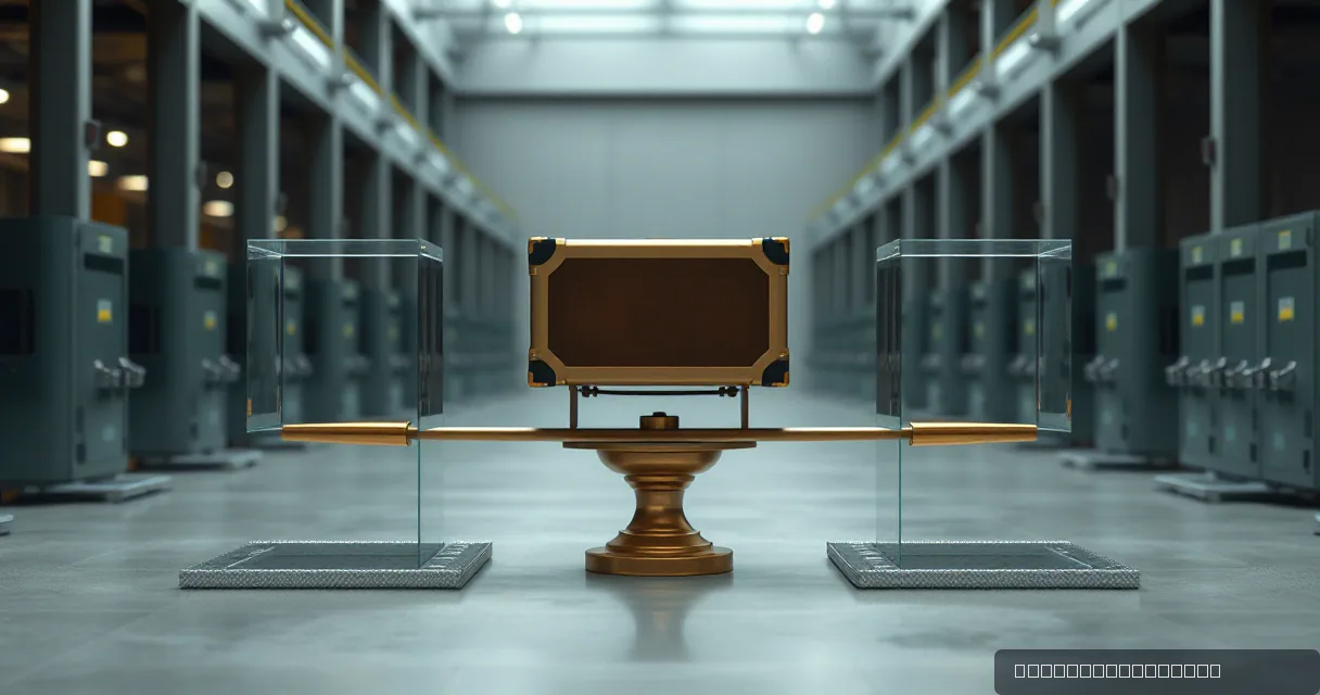 A large, ornate gold-trimmed case sits on a balanced brass scale in the center of a vast, industrial hall with rows of grey machinery in the background. Two clear glass containers flank the central weight, resting on textured metal platforms.