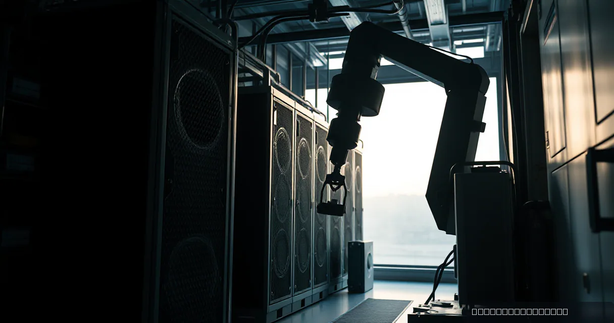 A cinematic side view of a robotic arm reaching toward a row of industrial server cabinets in a dimly lit facility, backlit by soft morning light through a window.