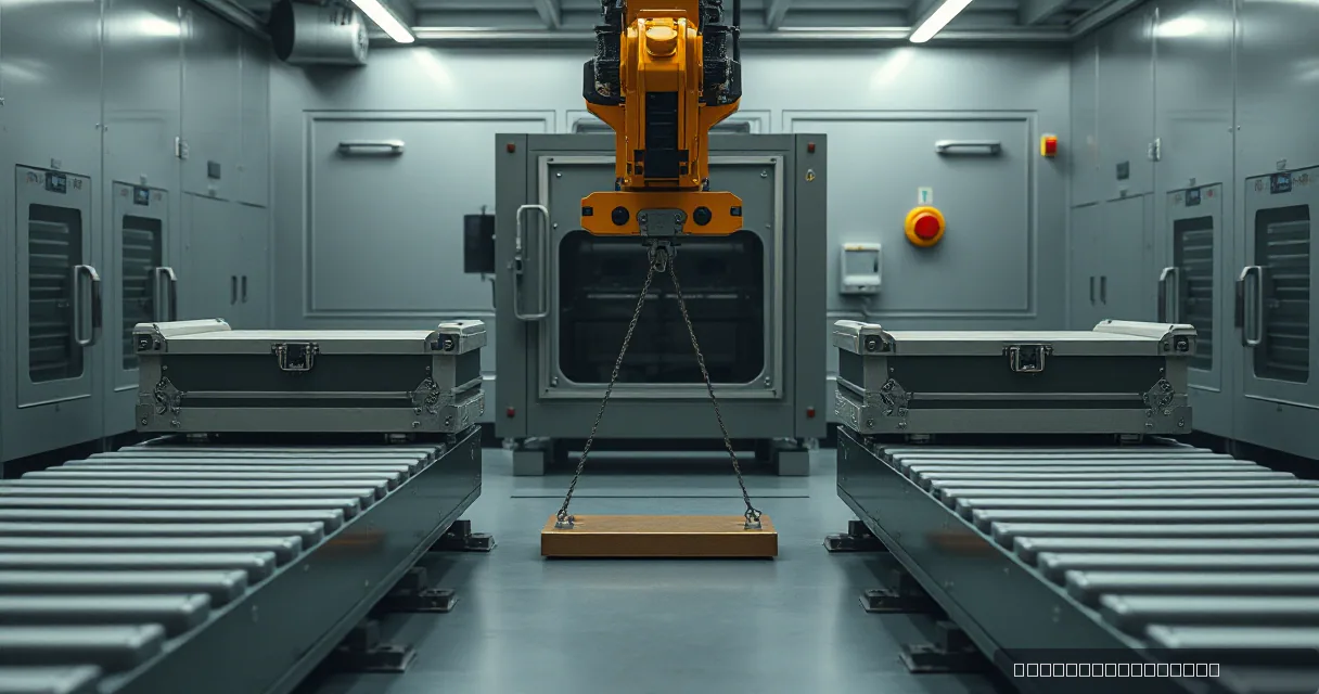 A cinematic industrial scene featuring two heavy-duty conveyor belts flanking a central corridor. A large yellow mechanical arm suspended from above holds a heavy metal plate between two armored transport cases. The setting is a high-security vault or processing facility with metallic walls and soft