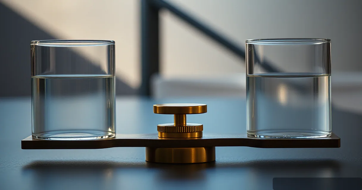 A balanced brass scale sits on a dark surface between two glass cylinders filled with water, illuminated by soft late-afternoon light.