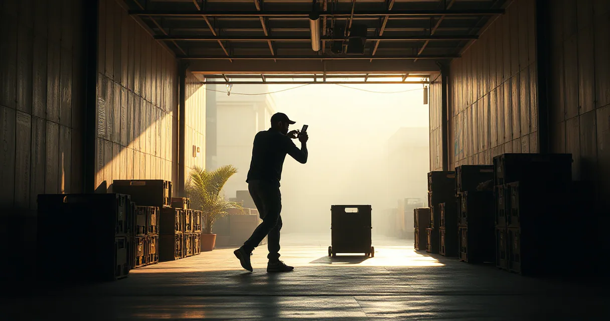 A silhouetted person stands in a warehouse bay filled with mist and golden morning light, holding a mobile device as if monitoring data. The scene is framed by industrial structures and crates, creating a sense of secure infrastructure.