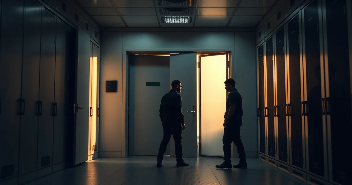 Two silhouetted figures stand before an open door in a dimly lit server room, where warm light spills from the opening onto rows of metallic cabinets.