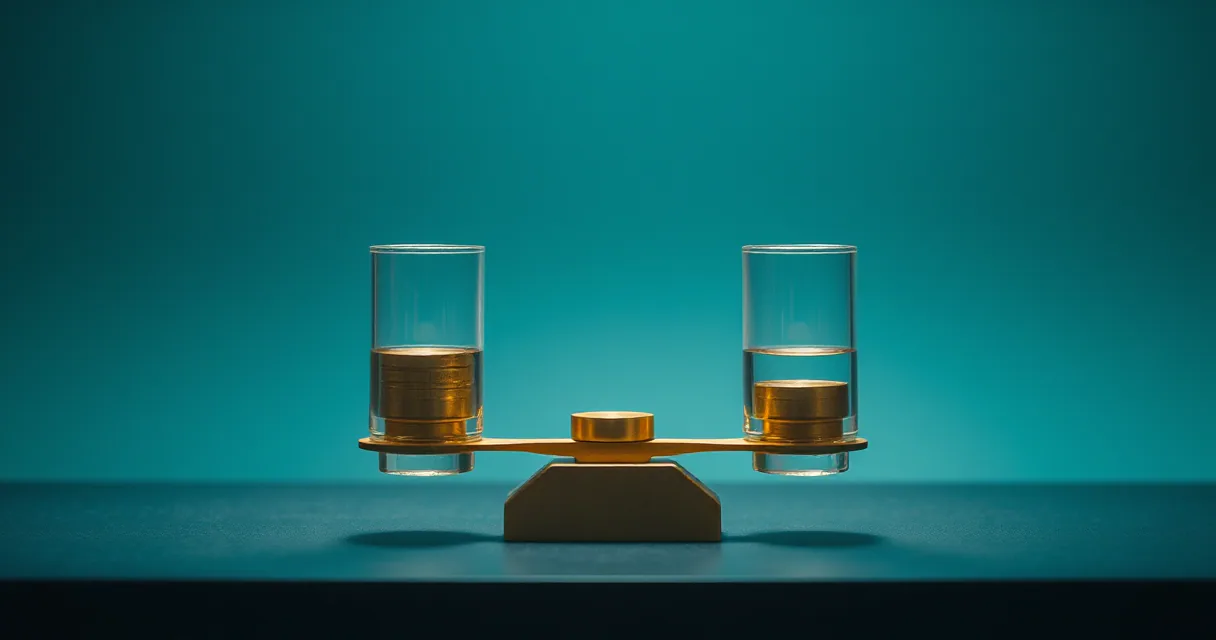 A balanced brass scale holds two glass cylinders filled with liquid and gold-toned material against a teal background, symbolizing liquidity and market balance.