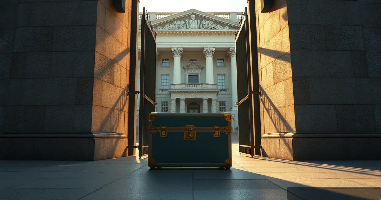 A large, teal-colored metal trunk with brass fittings sits in the center of a wide stone passage. In the background, through an open gate, a grand neoclassical building with columns and a pediment stands under soft afternoon light.