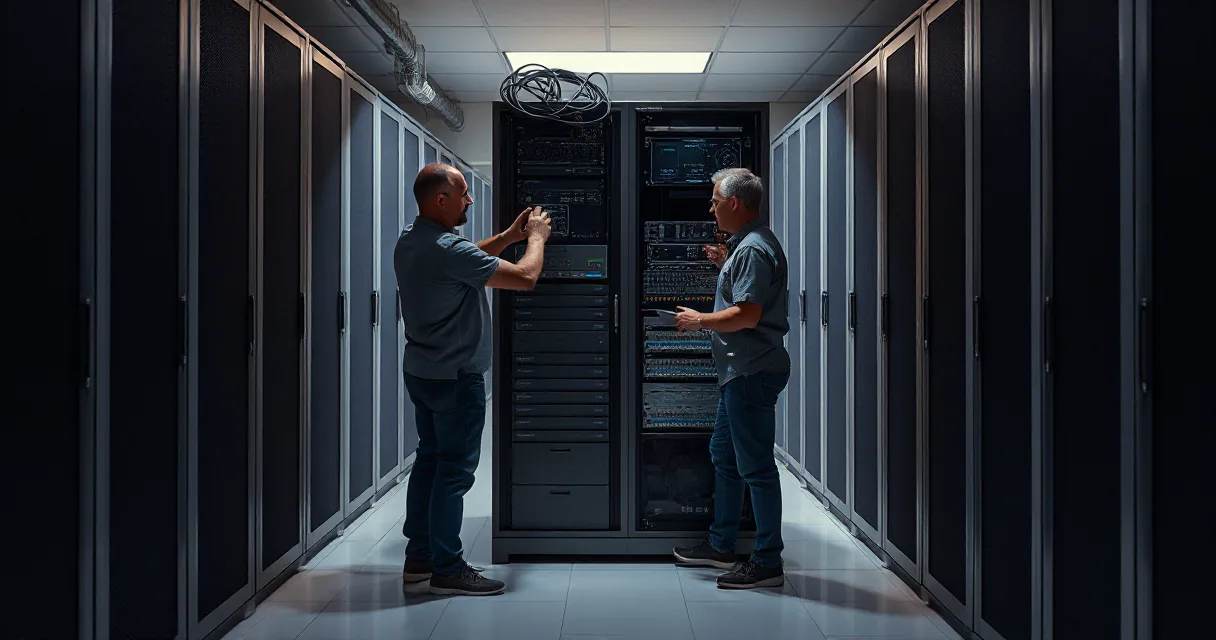 Two technicians in a dimly lit data center work together on a central server rack, flanked by rows of identical server cabinets under soft overhead lighting.
