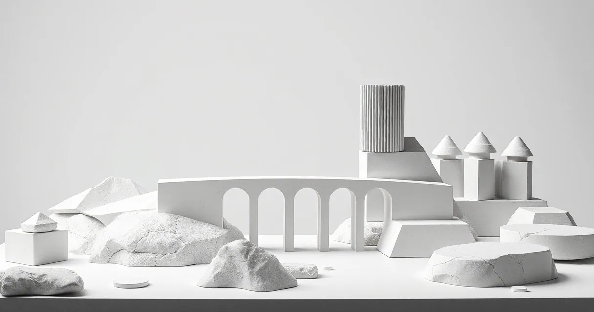 A minimalist, monochromatic 3D landscape featuring a long arched bridge connecting two distinct architectural zones. The scene is composed of smooth, white stone-like structures including towers, geometric blocks, and organic rock formations under sharp lighting against a plain grey background.