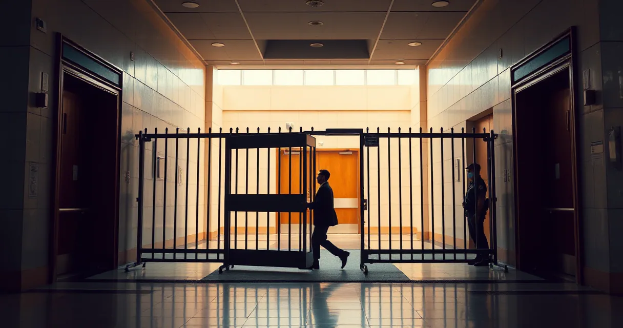 A cinematic wide shot of a person walking through an open metal security gate in a brightly lit corridor, while another figure stands guard near a closed gate on the right. The scene is framed by two large doorways and features a palette of graphite, amber, and cool white tones.