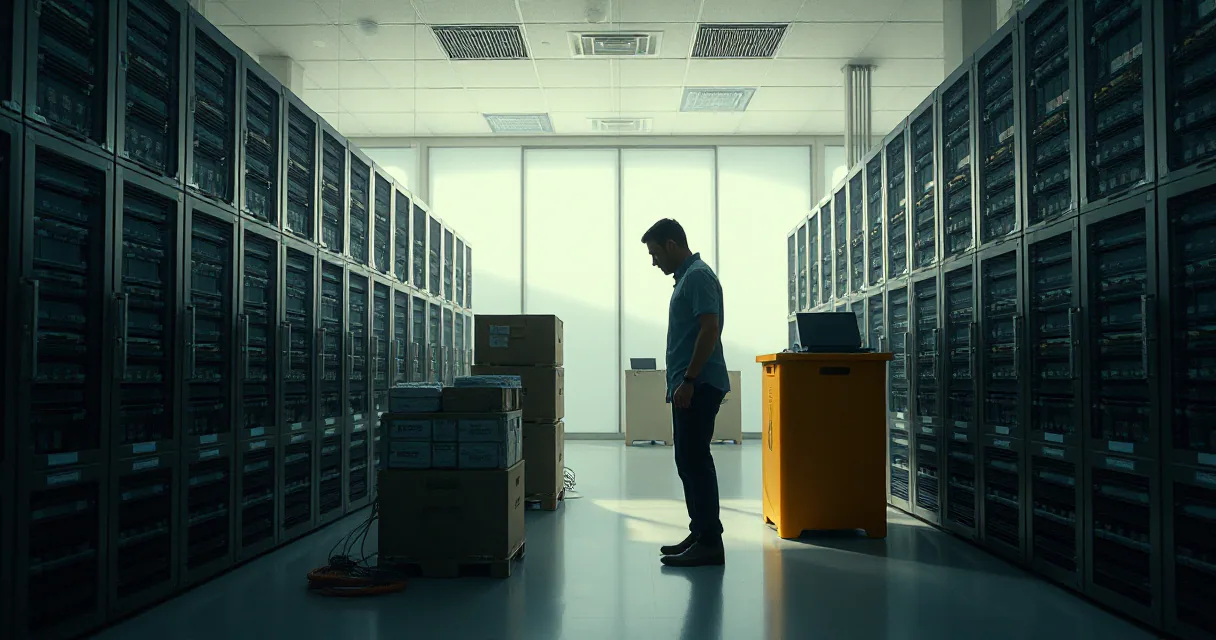 A person stands in profile within a large data center corridor, looking down at a laptop placed on a yellow cart, flanked by rows of server racks under cool-toned lighting.