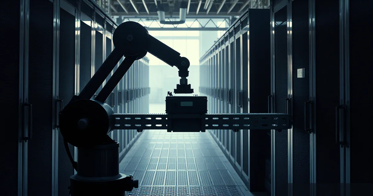 A large mechanical robotic arm stands in a dimly lit, industrial hallway lined with metallic cabinets. The arm is positioned over a central horizontal beam structure, creating a silhouette against a bright light at the end of the corridor.