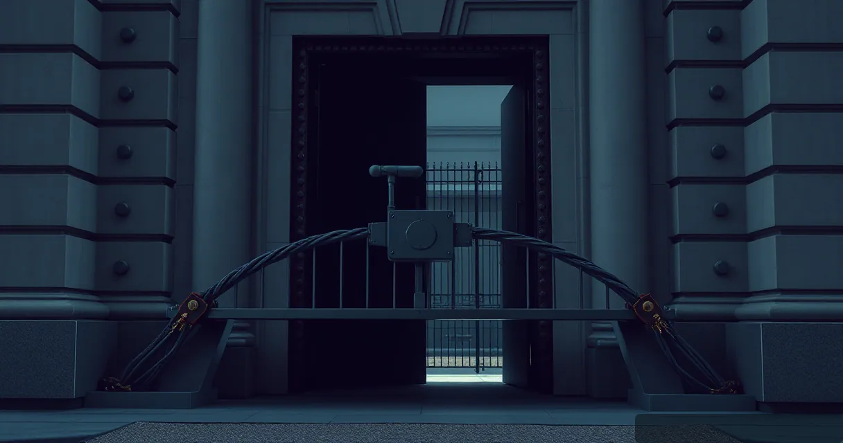 A heavy industrial gate stands partially open in a stone archway, featuring a central mechanical relay mechanism connected to thick cables. The scene is lit with cool blue tones and a warm brass accent on the hardware, symbolizing the closure of an illicit financial channel.