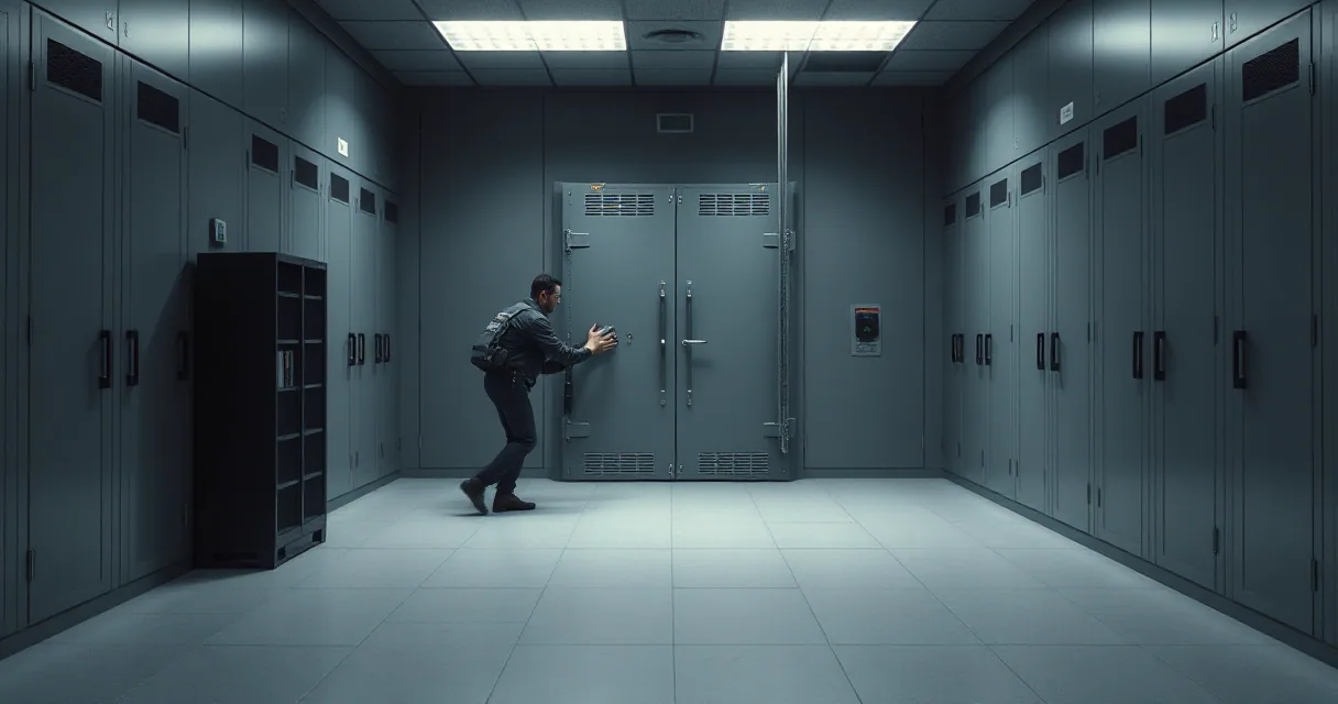A person in dark clothing stands before a large, metallic double door in a high-security server room or vault area, reaching out to touch the handle. The room is lined with tall metal cabinets and illuminated by cool, atmospheric lighting.