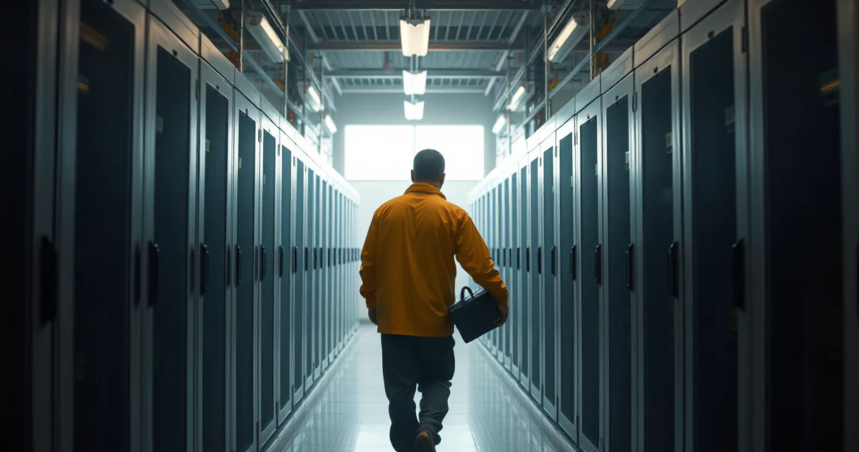 A technician in a bright amber jacket walks through a long corridor of server racks in a data center, symbolizing the infrastructure behind financial derivatives.