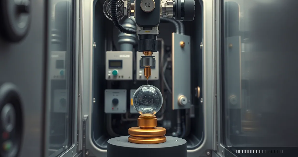 A high-precision industrial machine arm positions a clear glass sphere onto a heavy brass base within a metallic enclosure, symbolizing an isolated yet connected digital environment.