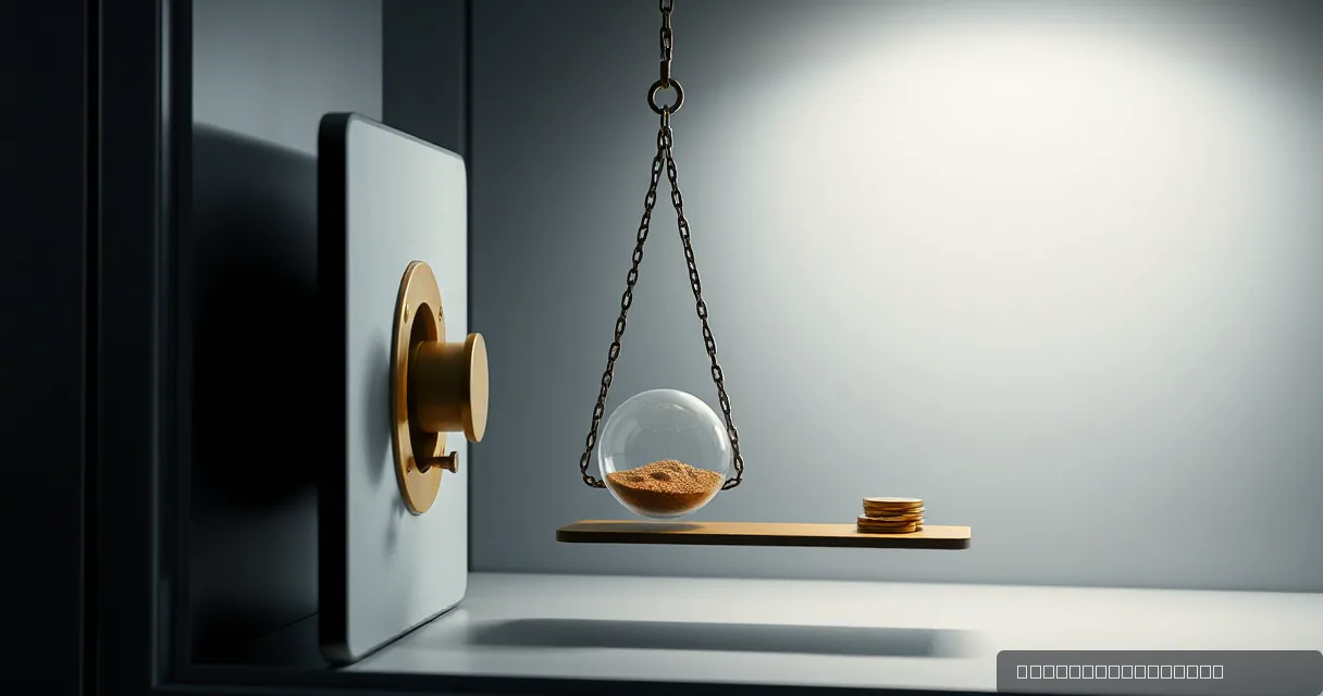 A cinematic editorial image showing a heavy vault door slightly ajar in a dark space. In front of it, a balanced scale hangs from chains; one side holds a large glass globe filled with golden sand, and the other side holds a small stack of gold coins.