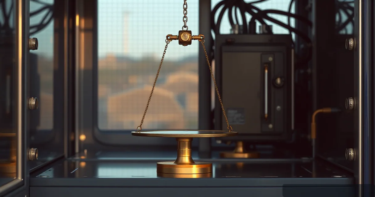 A close-up cinematic shot of a brass balance scale sitting on a metallic surface inside what appears to be an industrial electrical cabinet. The scene is lit with warm late-afternoon light, highlighting the texture of the metal and the mechanical components in the background.
