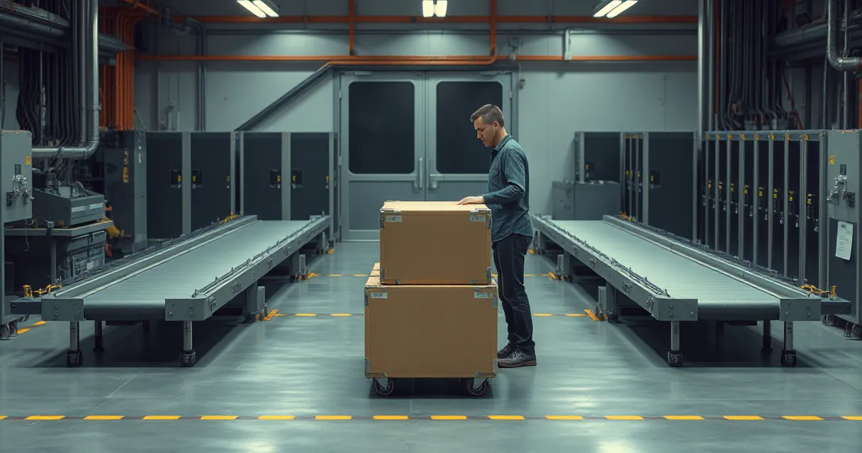 A worker in a high-tech industrial facility stands between two conveyor belts, handling large cardboard boxes stacked on a mobile platform. The setting features metallic surfaces, grey tones, and amber accents, evoking a secure logistics hub.