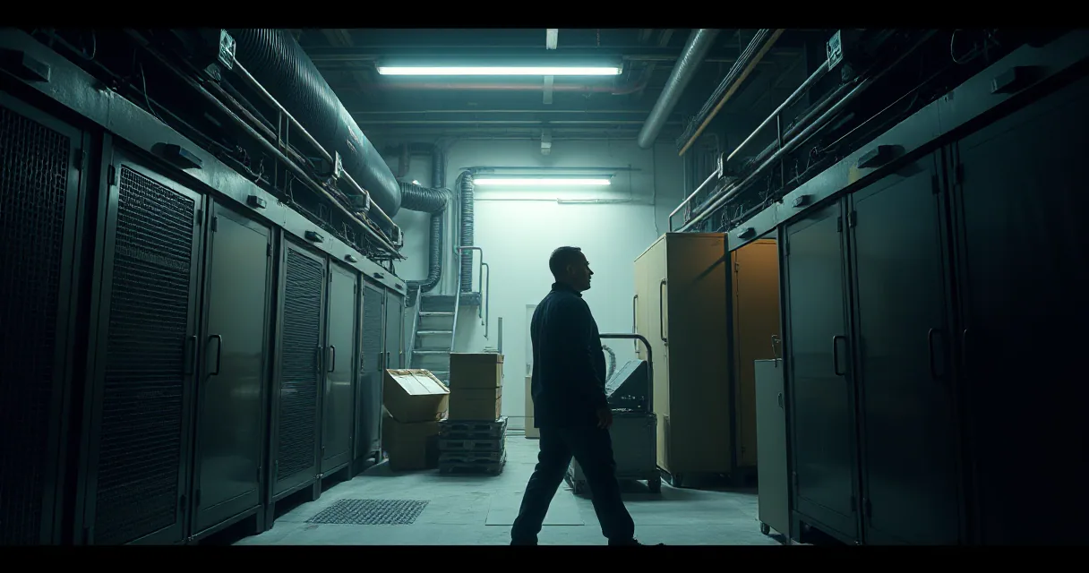 A lone man stands in a dimly lit industrial server room filled with large metal cabinets. The scene is bathed in cool blue and white light from overhead fixtures, creating a cinematic atmosphere of solitude and anticipation.