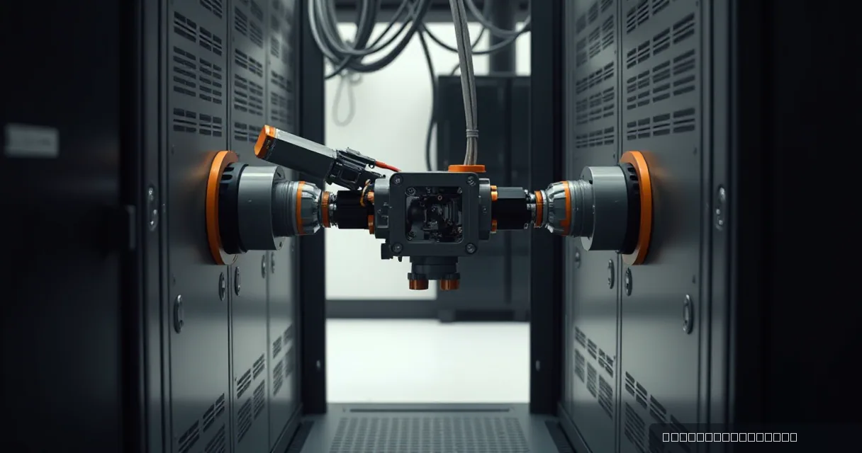 Two industrial-style robotic arms connect through a central mechanical hub between two rows of metallic cabinets, symbolizing the secure bridge of data in a blockchain network.