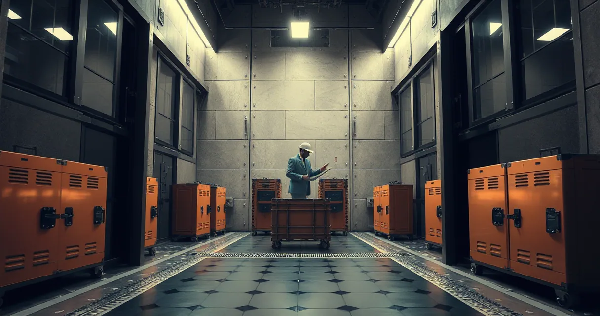 An auditor in protective gear stands before a large metal vault door in a concrete industrial corridor lined with orange storage units, inspecting a central container under bright overhead lighting.