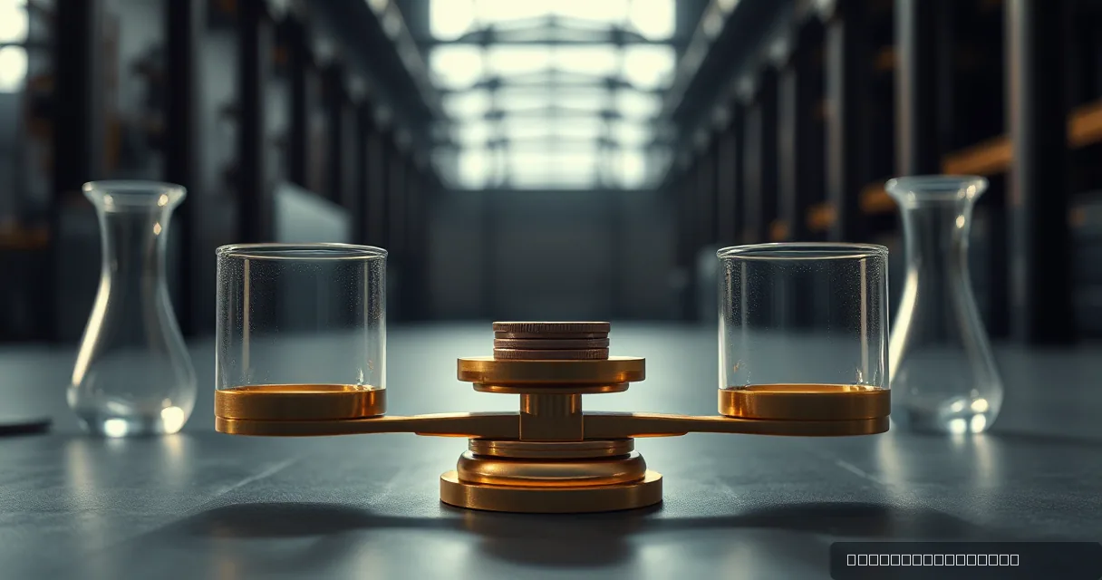 A cinematic close-up of a balanced brass scale in an industrial laboratory. Two clear glass cylinders sit on the ends of the scale's arms, while a stack of metallic discs rests at the center point. The background shows blurred glassware and architectural depth under soft, cool lighting.