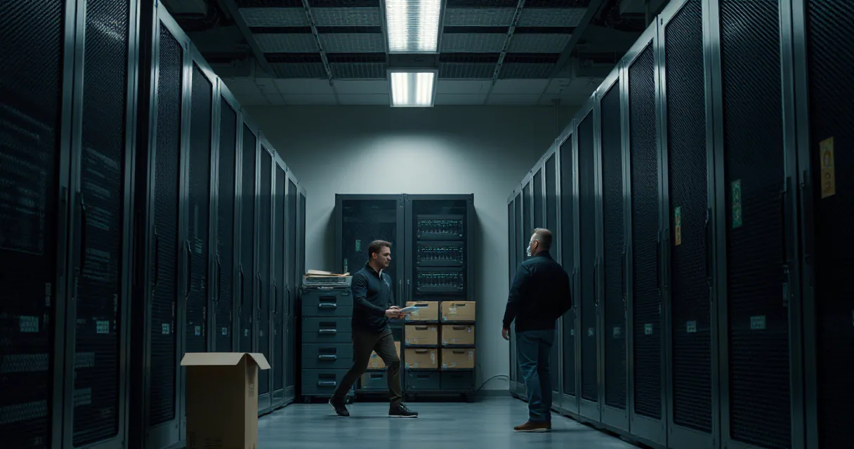 Two technicians stand in a high-tech server room with rows of equipment, discussing technical details near a central rack area.