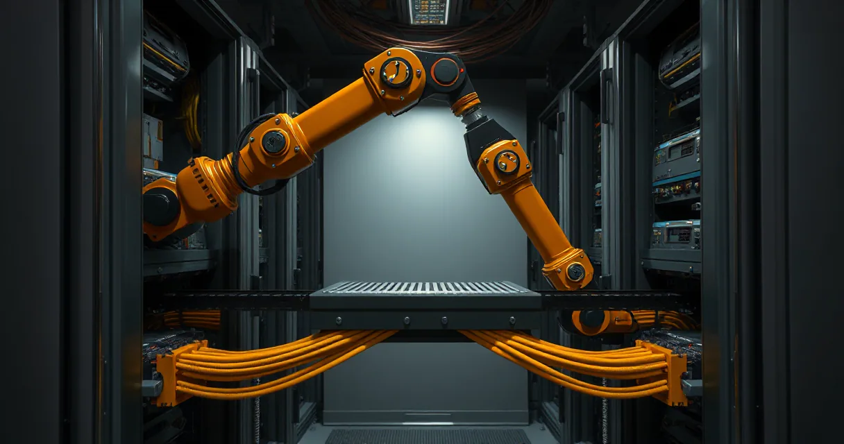 Two orange robotic arms reach toward each other over a central platform in a high-tech industrial setting, connecting bundles of thick cables that represent data flow.