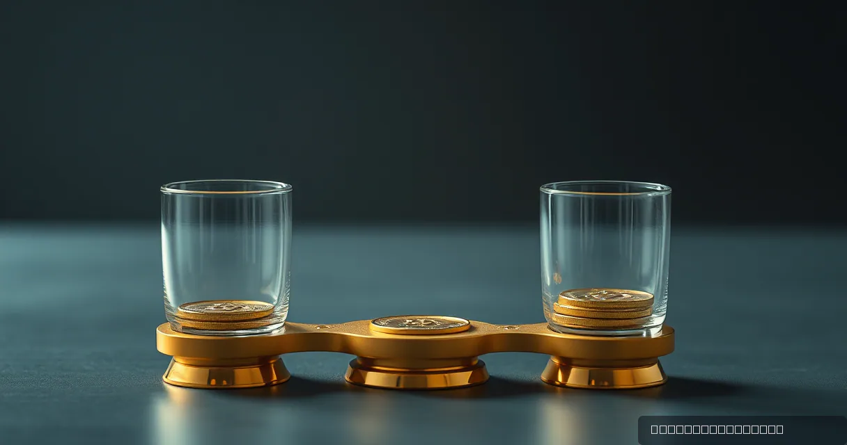 A cinematic editorial shot featuring a golden-toned mechanical balance scale holding two clear glass vessels. Each vessel contains several gold-colored discs. The scene is set against a dark, moody background with soft side lighting highlighting the textures of the metal and glass.