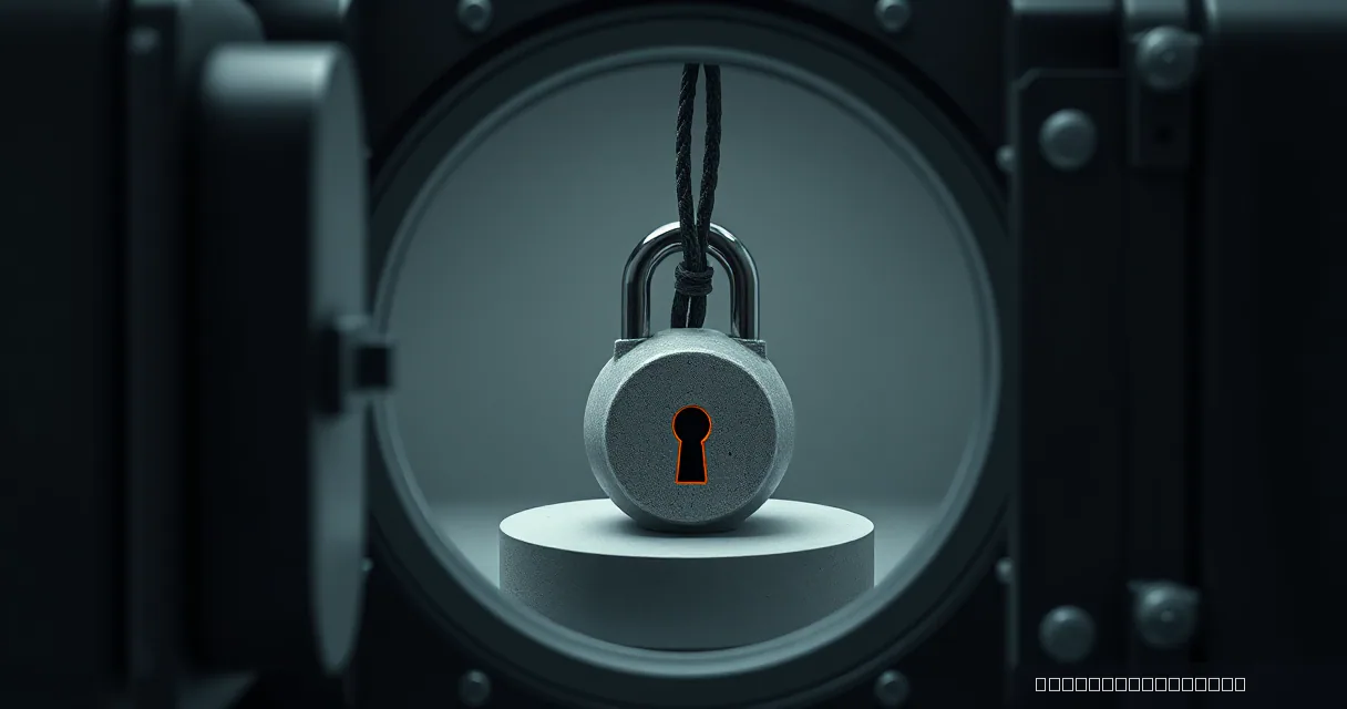 A large metallic padlock with a glowing orange keyhole sits on a pedestal inside a circular vault door opening, symbolizing locked assets and legal containment.