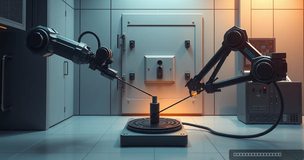 Two mechanical robotic arms interact with a glowing circular device in front of a heavy vault door in a high-tech security room. The scene is lit with cool blue tones and a warm amber glow at the point of contact.