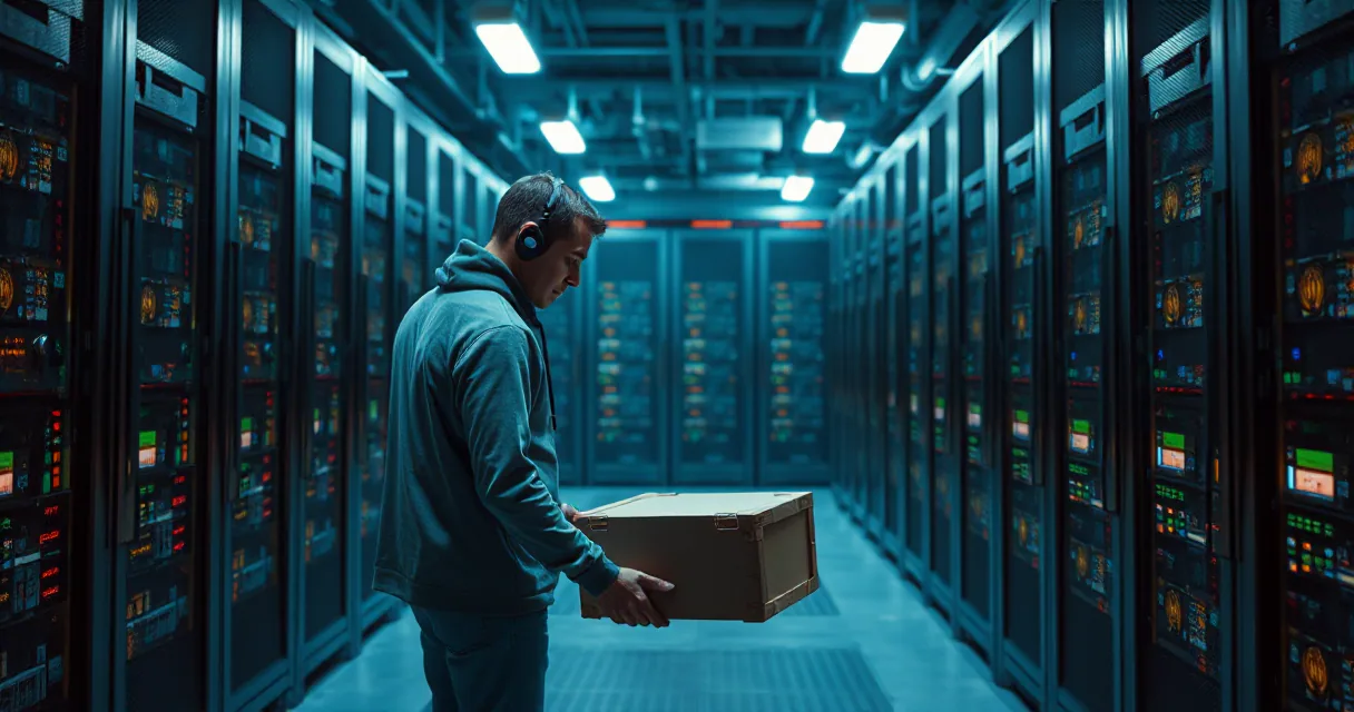 A man in a hoodie stands in a dimly lit server room filled with rows of glowing equipment, holding a large cardboard box as if it were a discovered vulnerability.