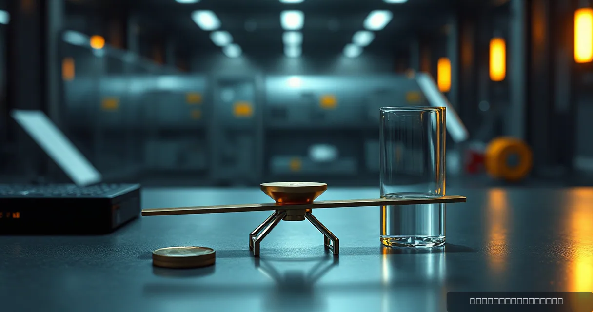 A cinematic editorial shot of a balanced brass scale sitting next to a glass cylinder filled with liquid in an industrial setting, symbolizing the isolation of assets through sanctions.
