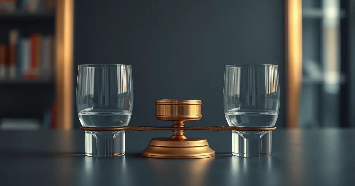 A cinematic close-up of a balanced brass scale with two clear glass vessels on either side, set against a blurred background. The scene uses warm and cool lighting to highlight the texture of the metal and glass.