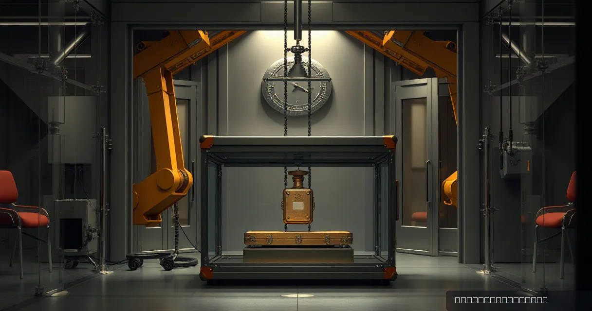 A cinematic interior shot of an industrial vault where two large orange robotic arms flank a central platform holding a heavy metal case. A large mechanical scale hangs above the center, and the scene is lit with a dramatic warm-cool contrast against grey and silver surfaces.