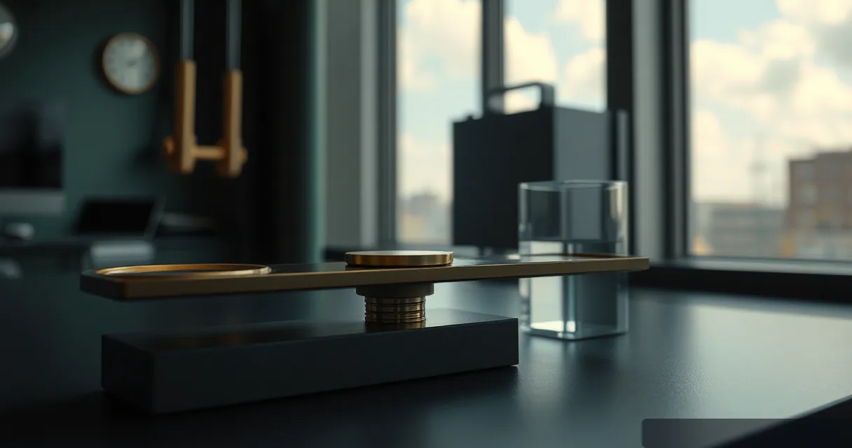 A close-up of a brass balance scale resting on a dark matte surface. One side of the beam is heavily weighted while the other remains light, set against a blurred background of a modern interior and large windows during late afternoon.