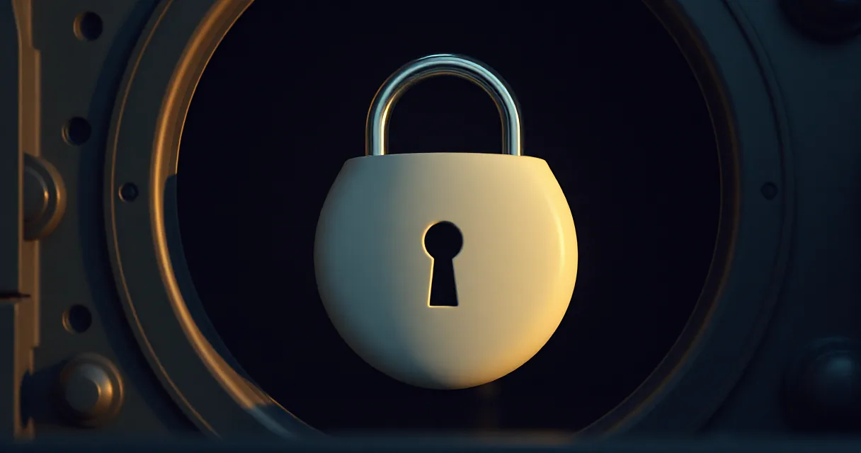 A large, golden-hued padlock is centered in front of a heavy circular vault door, symbolizing security and regulation in the crypto space.